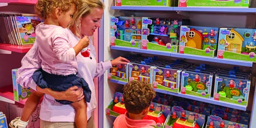 Mom and kids celebrating Mother's Day together shopping at Peppa Pig World of Play Dallas Fort Worth